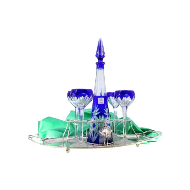 Acid Etched Glass Liqueur Decanter with Glasses and Tray, Set of 6 For Sale - Image 6 of 6