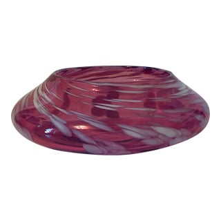 Mid 20th Century Cranberry & White Ribbon Swirl Art Glass Vide-Poche Low Bowl For Sale