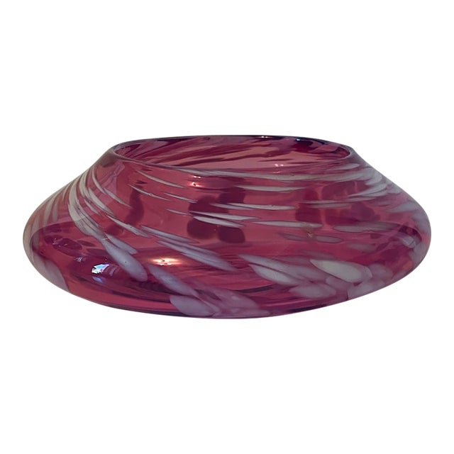 Mid 20th Century Cranberry & White Ribbon Swirl Art Glass Vide-Poche Low Bowl For Sale