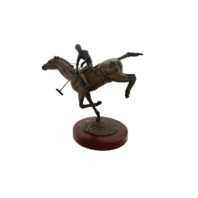 Late 20th Century Jockey on Horse Sculpture Vintage Metal Rider Equestrian Figurine on Wooden Base For Sale - Image 4 of 9