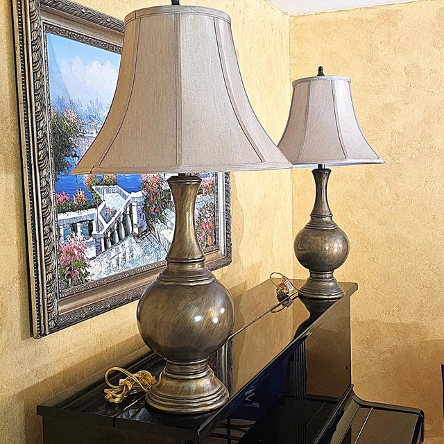 Vintage Bronze Urn Table Lamps With Neutral Shades, Classic Traditional Lighting, 32” Tall - a Pair For Sale - Image 16 of 18