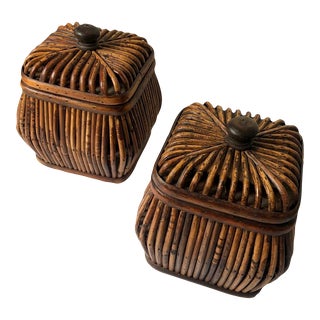 Vintage Pencil Reed Bamboo Rattan Boxes / Baskets With Lids - a Pair For Sale