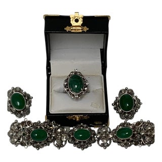 Antique Fratelli Peruzzi Florence 800 Silver Green Onyx Jewelry Suite Bracelet Earrings Ring C. 1920s-1930s For Sale