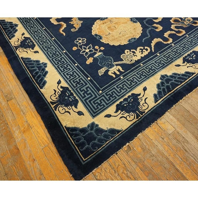 Antique Traditional Elements Chinese Peking Floral Medallion Blue 1880s Rug For Sale - Image 4 of 10