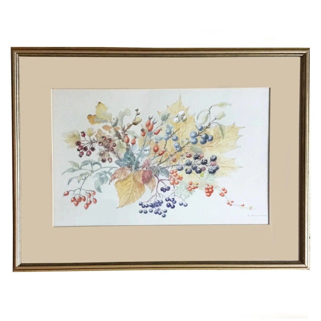 Vintage Winter Berries in a Cotswolds Garden Framed Watercolor Painting For Sale - Image 9 of 9