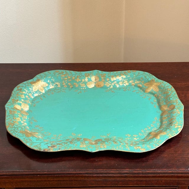 Early-20th Century Hand-Painted Teal & Gold Tole Serving Tray For Sale - Image 11 of 17