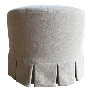 Bailey Flax Slip Covered Ottoman in Linen With Pleated Skirt For Sale