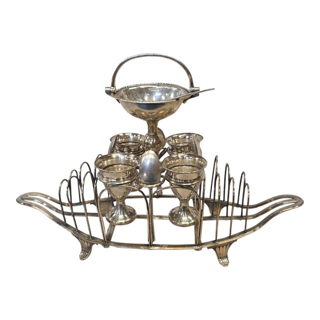 Antique Sheffield Silverplate Toast Rack With Egg Cups, England, 19th Century For Sale