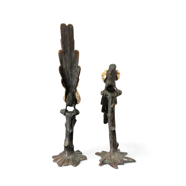 Maitland Smith Bronze & Mother of Pearl Parrot Sculptures, a Pair For Sale - Image 12 of 15