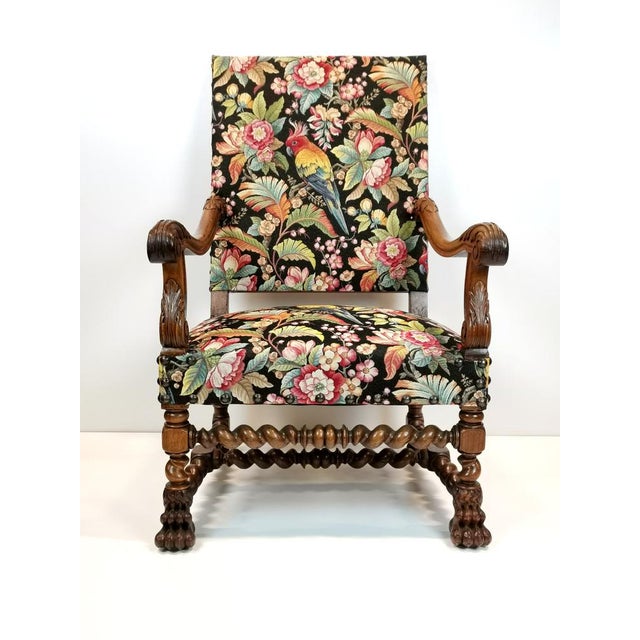Brown Antique Louis XIII and Renaissance Walnut Armchairs with Parrot Upholstery, 1890s, Set of 2 For Sale - Image 8 of 18