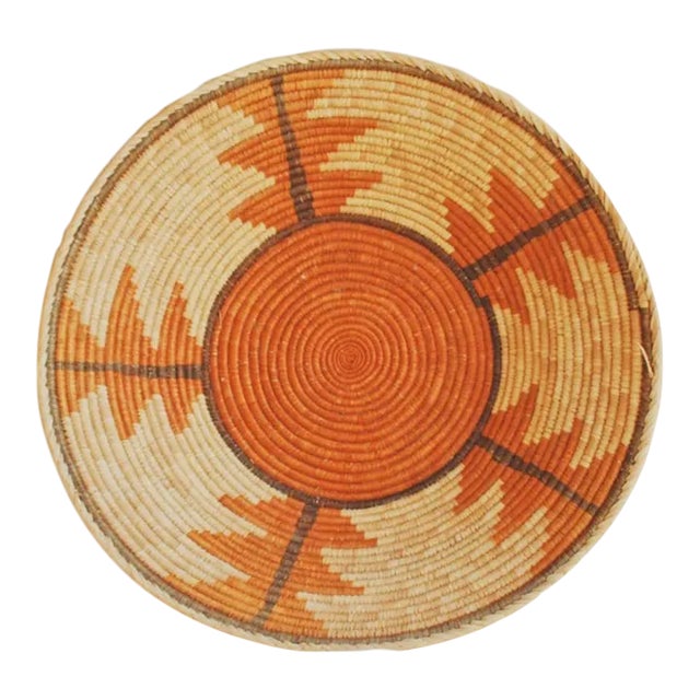 1960s Orange Large Coiled Seagrass and Rattan Basket For Sale