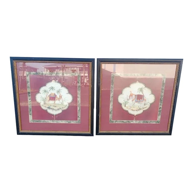 Whimsical Elephant Camel Red Palm Beach Regency Tropical Large Black Framed Art Prints For Sale