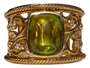 The Startop Drive: Peridot Cabochon Ring with Filigree and Diamonds