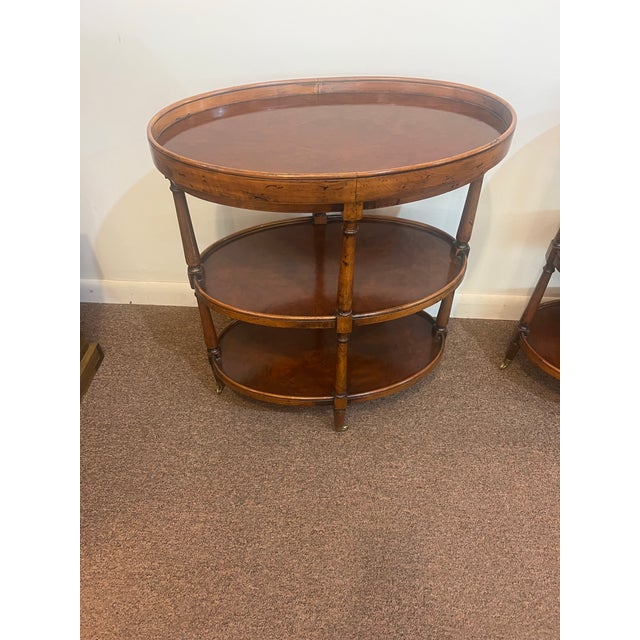 Henredon Amazing Pair of Three Tiered Burlwood Walnut European Style Butler Tray Top Side Tables Henredon For Sale - Image 4 of 11