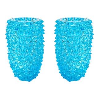 Pair of Art Deco Style Italian Aquamarine Murano Glass Centerpiece Vases For Sale