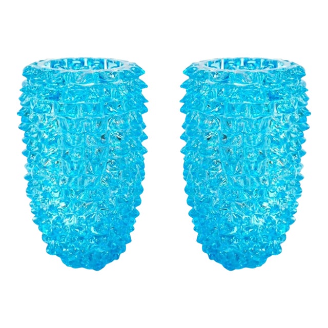 Pair of Art Deco Style Italian Aquamarine Murano Glass Centerpiece Vases For Sale