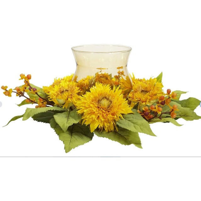 Glass Natural Looking Beautiful Golden Sunflower Candle Holder Silk Flower Arrangement For Sale - Image 7 of 9