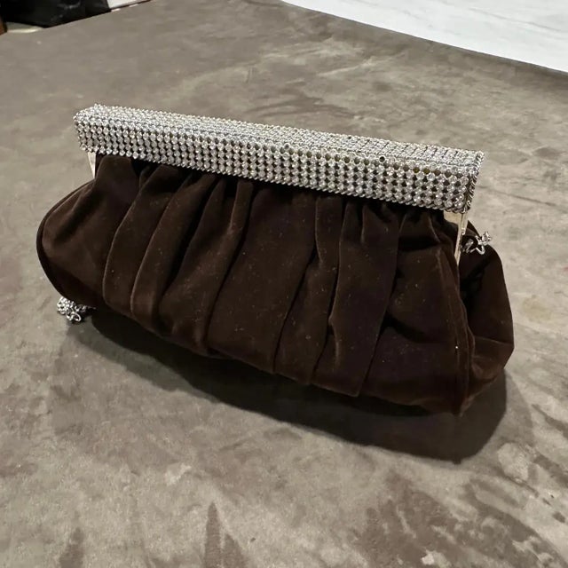 Textile An Elegant 1980s Brown Suede and Rhinestones Italian Evening Bag For Sale - Image 7 of 18