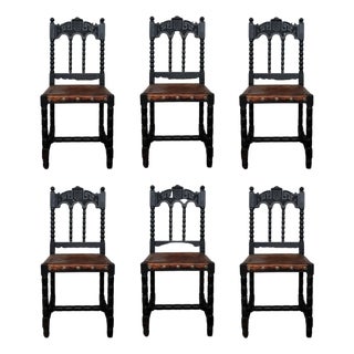 19th Carved French Oak Brown Leather Lion Dining Chairs, Henry II For Sale