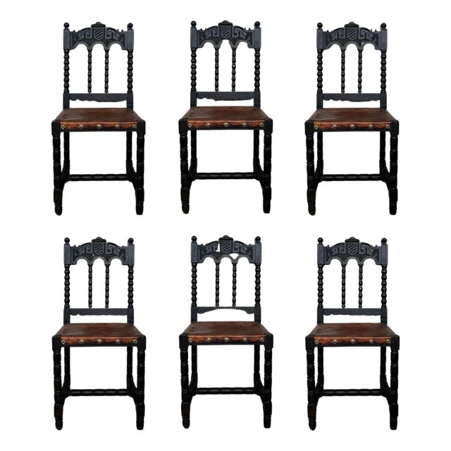 19th Carved French Oak Brown Leather Lion Dining Chairs, Henry II For Sale