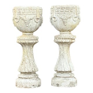Vintage Regency Cast Concrete Grapevine Planters on Pedestals - a Pair For Sale