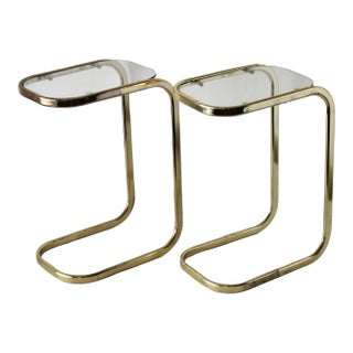 Milo Baughman Style Brass Glass Cantilever Side Tables Vintage Mid-Century Modern-a Pair For Sale