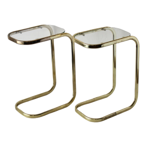 Milo Baughman Style Brass Glass Cantilever Side Tables Vintage Mid-Century Modern-a Pair