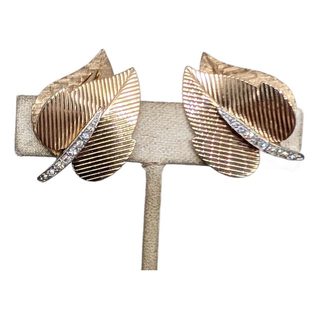 Vintage Signed Boucher Goldtone Leaves With Clear Rhinestones Clip Earrings-2 Pieces For Sale