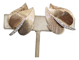 Vintage Signed Boucher Goldtone Leaves With Clear Rhinestones Clip Earrings-2 Pieces