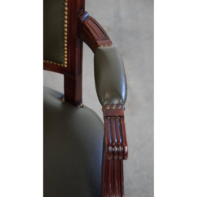 Brown English Green Cowhide and Wooden Office Chair with Decorative Nails on Wheels For Sale - Image 8 of 15