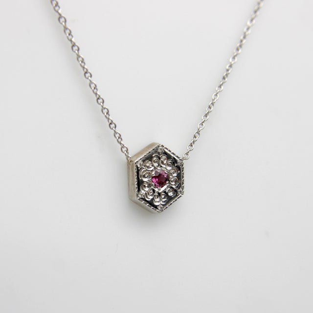 14K White Gold and Pink Tourmaline Medallion Necklace For Sale - Image 4 of 7