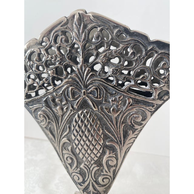 Vintage Ornate Fan Vase, Art Nouveau-style scroll work, a reticulated (openwork) top edge, and a central pineapple motif....