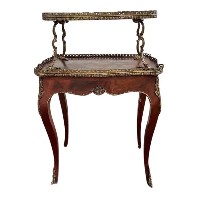Early 20th Century French Provincial Style Two Tier Brass Kingwood Inlaid Occasional Table. For Sale