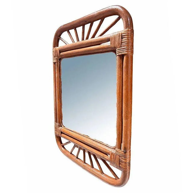Mid-Century Modern 1950s Restored Single-Strand Rounded Rattan Wall Mirror With Stick Reed Rattan For Sale - Image 3 of 6