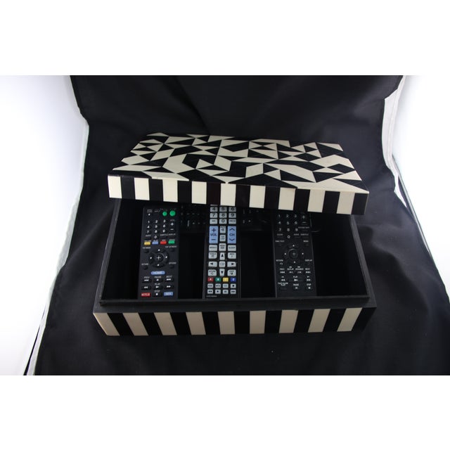 Wood Black and White Geometric Patterned Faux-Bone Inlaid Wood Box For Sale - Image 7 of 8