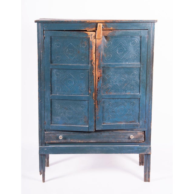 Antique American Rustic Punch Tin Pie Safe With Distressed Blue Paint For Sale In Denver - Image 6 of 13