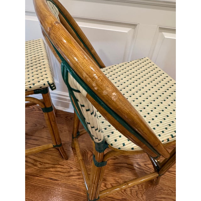 Set of 2 Rattan and Woven Vinyl French Bistro Stools by Glac Seat - Soft White and Hunter Green For Sale - Image 16 of 16