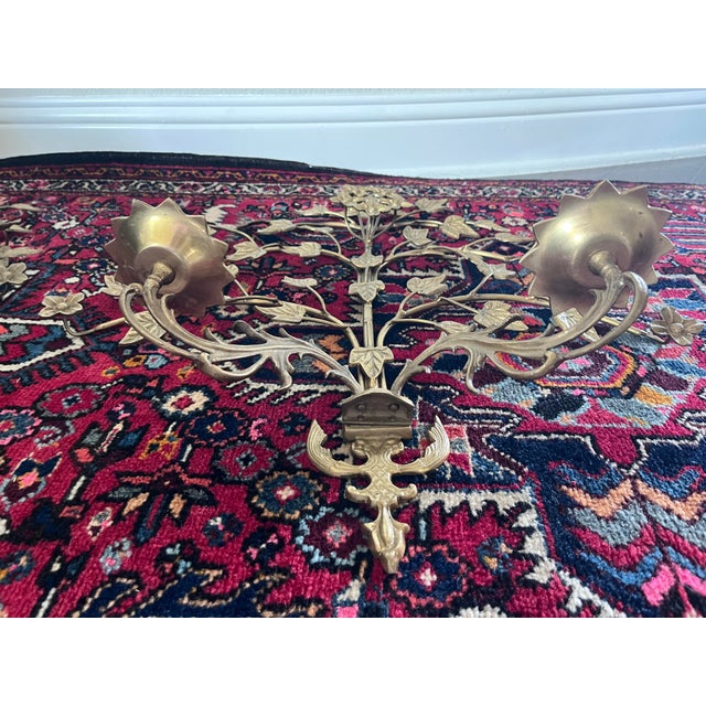 Pair of Hollywood Regency Style Brass and Metal Wall Sconce, Candlestick Holder, Vine Leaves Design, Candelabra For Sale - Image 11 of 12
