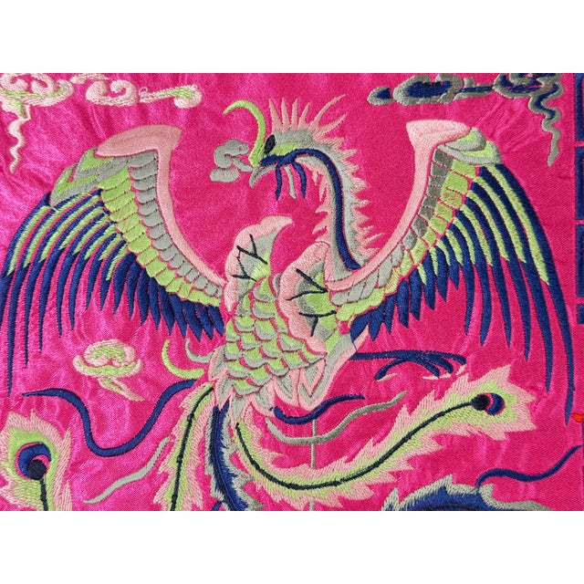 Asian Square Magenta Phoenix Bats Blossom Flower Fabric Display Art For Sale In San Francisco - Image 6 of 8
