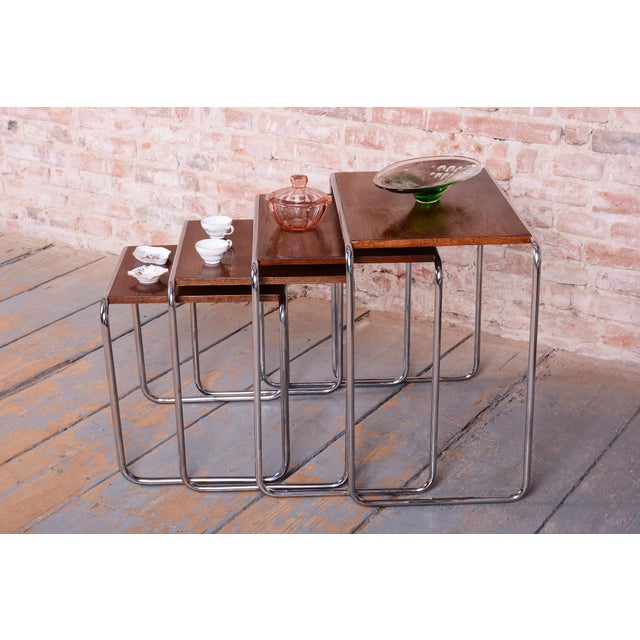 Nesting Tables in Oak and Chrome by M. Breuer for Thonet, Czech, 1920s, Set of 4 For Sale - Image 9 of 15