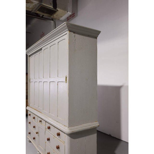 Wood Massive Antique English Painted Pine Housekeeper’s Cupboard Sliding Doors - Circa 1880 For Sale - Image 7 of 15