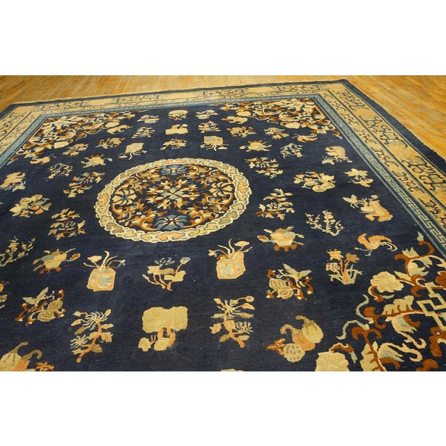 Chinese Traditional Floral-Medallion Design in a Navy Background Color Antique Chinese Peking Rug For Sale - Image 3 of 12
