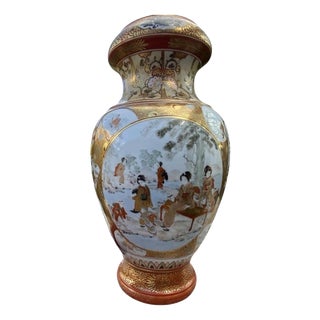 Large Meiji Japanese Gilt Porcelain Samurai Vase with Stand, 1880 For Sale
