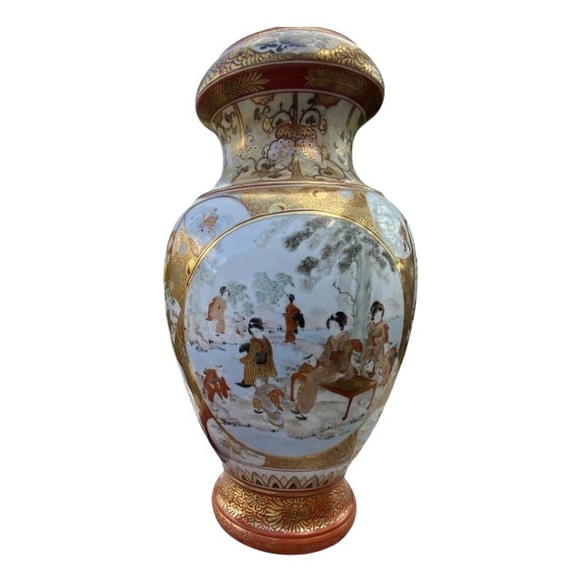 Large Meiji Japanese Gilt Porcelain Samurai Vase with Stand, 1880 For Sale