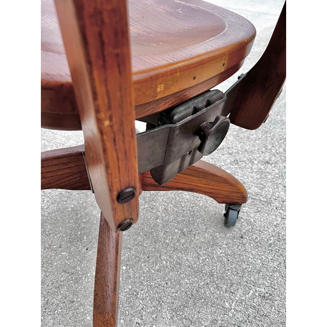 Vintage Solid Oak Banker's or Typist Office Chair on Casters | Gunlocke Style For Sale - Image 9 of 12