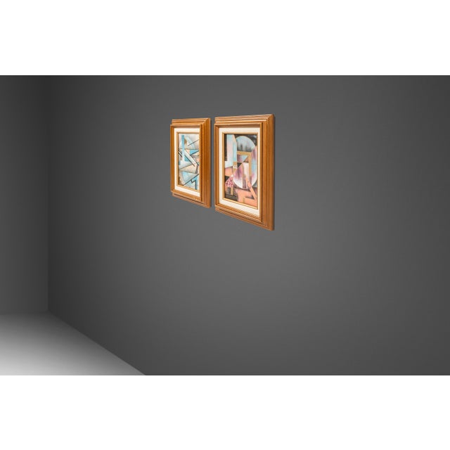 Mid-Century Modern Set of Two (2) Matching Framed / Signed Mid-Century Modern Geometric Abstraction Oil on Canvas Paintings by Fred Blassingham, Usa, C. 1980s For Sale - Image 3 of 17