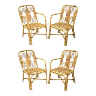 Vintage Rattan Wicker Bamboo Hollywood Regency Dining Sunroom Chairs - Set of 4 For Sale