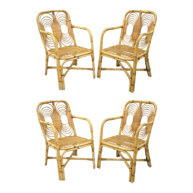 Vintage Rattan Wicker Bamboo Hollywood Regency Dining Sunroom Chairs