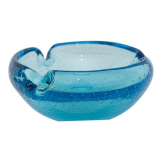 Murano Bullicante Art Glass Ashtray Catchall, Turquoise Blue For Sale