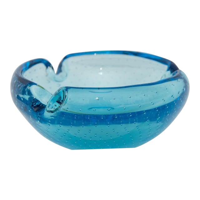Murano Bullicante Art Glass Ashtray Catchall, Turquoise Blue For Sale